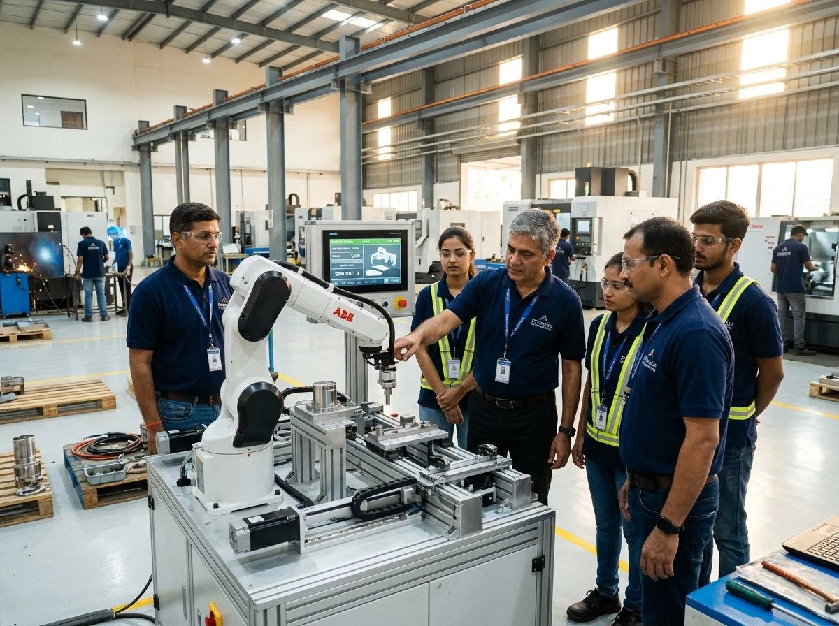 Vyokta Engineering team inspecting custom robotic SPM automation cell in Pune plant